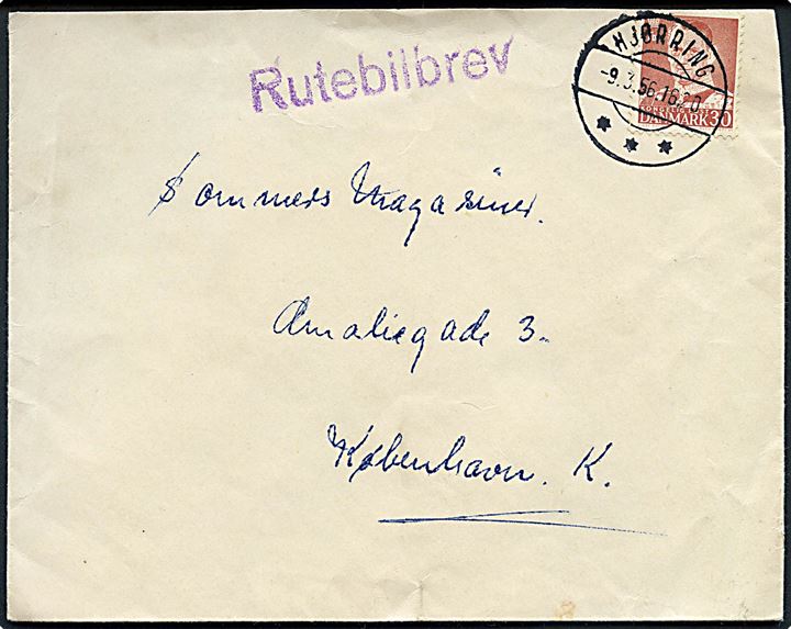30 øre Fr. IX på brev fra Sct. Knudsby annulleret Hjørring d. 9.3.1956 og sidestemplet Rutebilbrev til København.