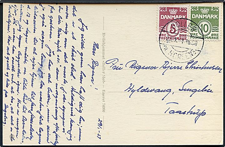 5 øre og 10 øre Bølgelinie på brevkort (Hvilehjemmet Boller slot) annulleret med pr.-stempel Boller pr. Horsens d. 29.1.1951 til Taastrup.