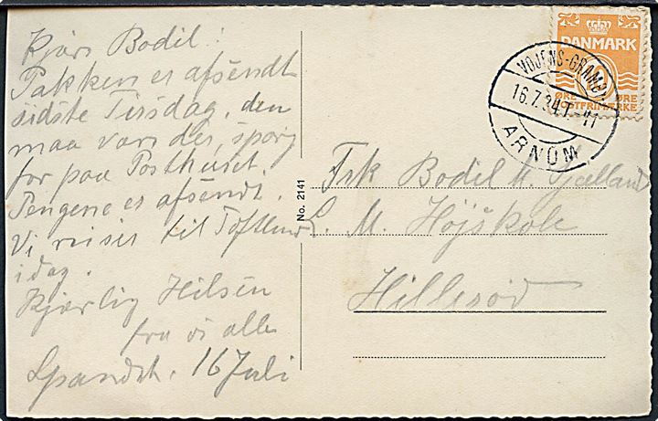 10 øre Bølgelinie på brevkort annulleret med bureaustempel Vojens - Gramby - Arnum T.41 d. 16.7.1934 til Hillerød.