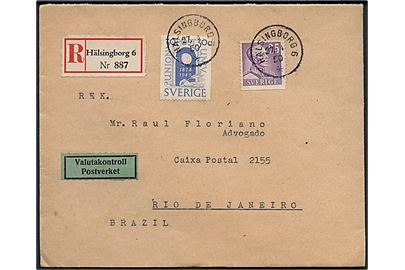 25 öre Gustaf og 30 öre UPU på anbefalet brev fra Hälsingborg d. 27.4.1950 til Rio de Janeiro, Brasilien. 