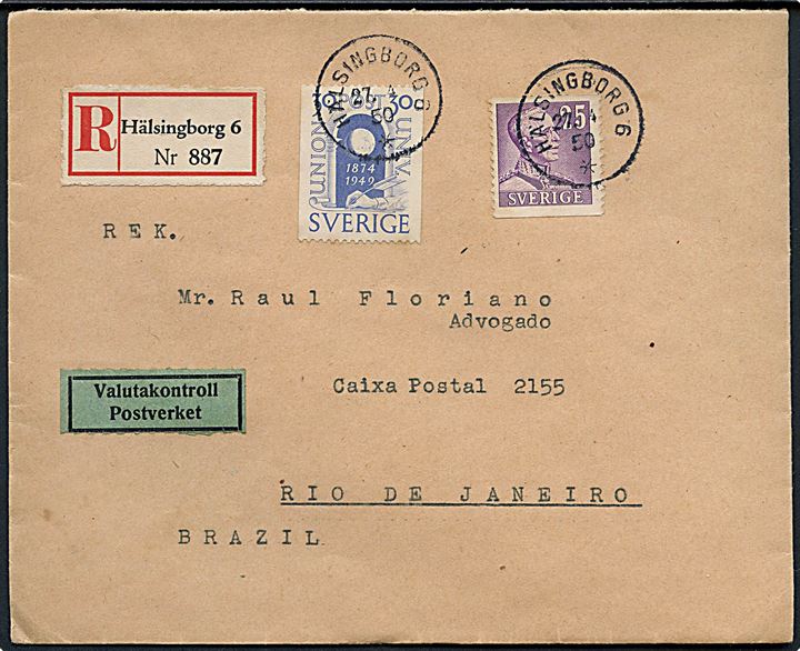 25 öre Gustaf og 30 öre UPU på anbefalet brev fra Hälsingborg d. 27.4.1950 til Rio de Janeiro, Brasilien. 
