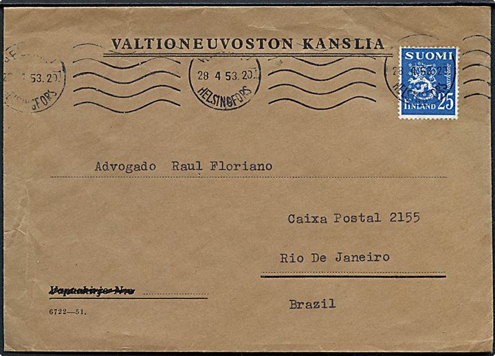 25 mk. Løve single på brev fra Helsingfors d. 28.4.1953 til Rio de Janeiro, Brasilien.