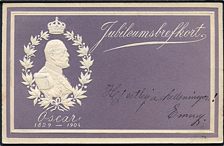 5 öre Oscar II på brevkort (Reliefkort Oscar II 75 år) annulleret med skibsstempel Fra Sverige L. og sidestemplet Kjøbenhavn d. 25.?.1904 til København, Danmnark.