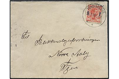 10 øre Soldaterfrimærke på brev fra menig ved 19. Btl. 1 Kmp. i Vordingborg d. 25.7.1918 til Nørre-Aaby.