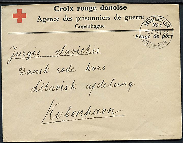 Ufrankeret fortrykt Røde Kors kuvert stemplet Krigsfangelejr No. 1 Danmark d. 5.7.1917 til Dansk Røde Kors, Litauiske Afdeling i København. Sendt fra lazaretlejren i Horserød ved Helsingør.