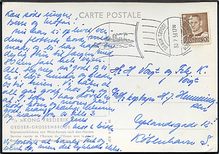 20 øre Fr. IX på brevkort (M/F Kong Frederik IX) annulleret med håndrulle skibstempel Dansk Søpost Gedser-Grossenbrode d. 30.7.1958 til København.