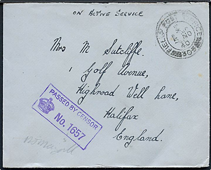 Ufrankeret OAS feltpostbrev stemplet Field Post Office 305 (= Reydarfjördur, Island) d. 5.11.1940 til Halifax, England. Unit censor no. 1657.