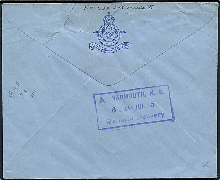 Ufrankeret fortrykt kuvert fra Royal Canadian Air Force sendt som feltpost fra R.A.F. Post Office 001 (= Reykjavik) d. 12.6.1944 til Yarmouth, Nova Scotia, Canada. Rød RAF censur R.A.F. Censor no. 234. 