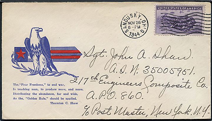 3 cents på illustreret patriotisk kuvert fra Sandusky d. 28.11.1944 til soldat ved 217th Engineers Composite Co., APO 860 (= Reykjavik, Island), c/o Postmaster New York, N.Y.
