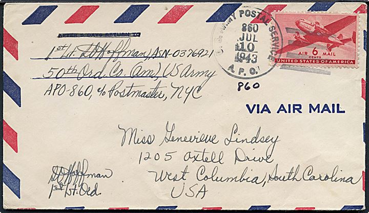 6 cents Transport på luftpostbrev stemplet U.S. Army Postal Service A.P.O. fra officer ved 50th Ord. Co. (Avn.) APO 860 (= Reykjavik, Island) til West Columbia, USA. Slevcensureret officersbrev.