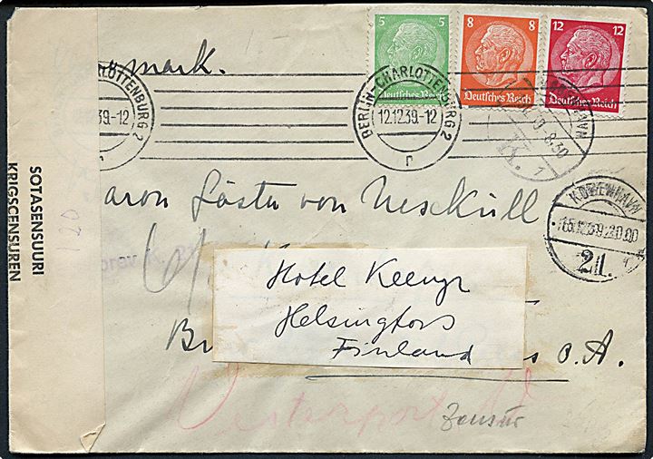 5 pfg., 8 pfg. og 12 pfg. Hindenburg på brev fra Berlin d. 12.12.1939 til Baron Gösta von Uexküll i København, Danmark - eftersendt til Helsingfors, Finland. Åbnet af både tysk og finsk censur.