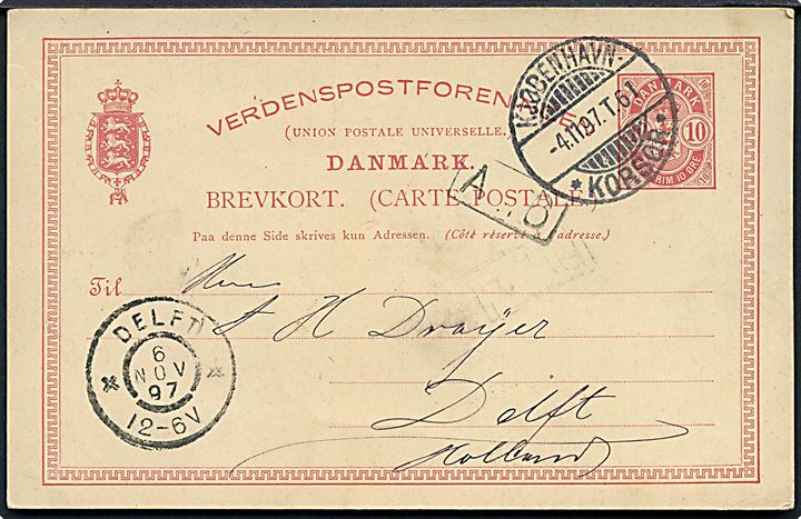 10 øre Våben helsagsbrevkort fra København annulleret med bureaustempel Kjøbenhavn - * Korsør * T.61 d. 4.11.1897 til Delft, Holland.
