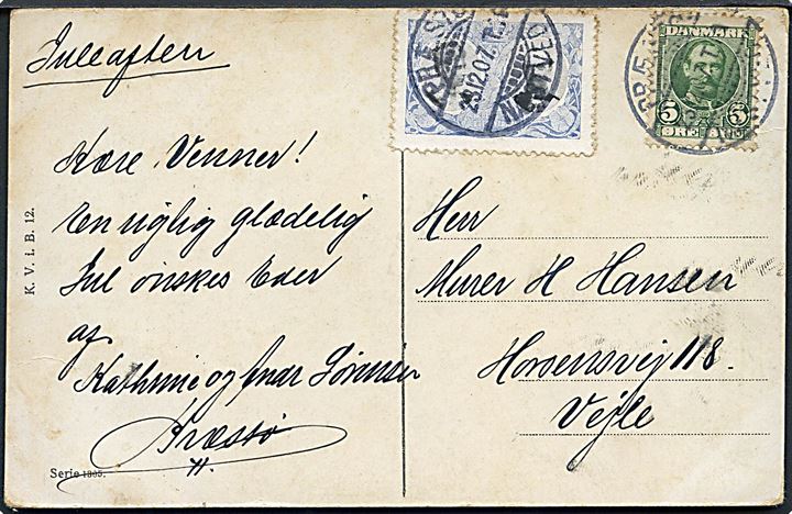 5 øre Fr. VIII og Julemærke 1907 på julekort fra Præstø annulleret med bureaustempel Præstø - Næstved d. 23.12.1907 til Vejle.