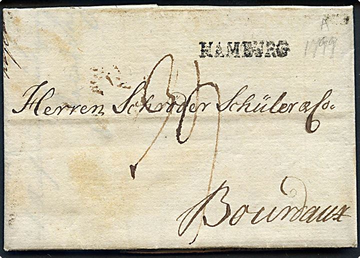 1799. Portobrev med indhold dateret Altona d. 15.7.1799 og liniestempel HAMBURG til Bordeaux, Franskrig.