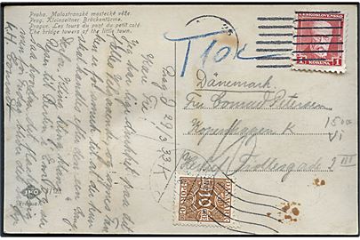 1 K. på underfrankeret brevkort fra Prag 1933 til København, Danmark. Udtakseret i porto med 10 øre Portomærke annulleret med håndrullestempel København K d. 31.3.1933.