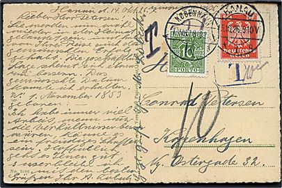 Tysk 10 pfg. Adler på underfrankeret brevkort fra Hanau d. 15.10.1926 til København, Danmark. Udtakseret i porto med 10 øre Portomærke stemplet København d. 18.10.1926.