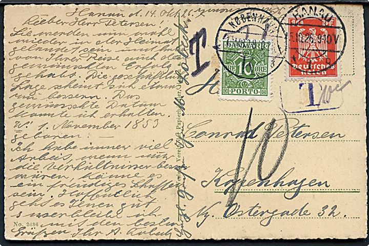 Tysk 10 pfg. Adler på underfrankeret brevkort fra Hanau d. 15.10.1926 til København, Danmark. Udtakseret i porto med 10 øre Portomærke stemplet København d. 18.10.1926.