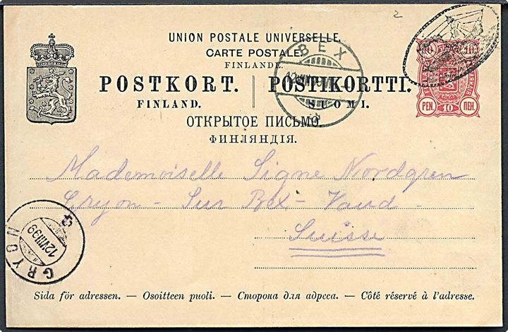 10 pen. helsagsbrevkort fra Nådendal annulleret med ovalt figur skibsstempel i Åbo d. 8.8.1899 via Bex til Gryon, Schweiz.