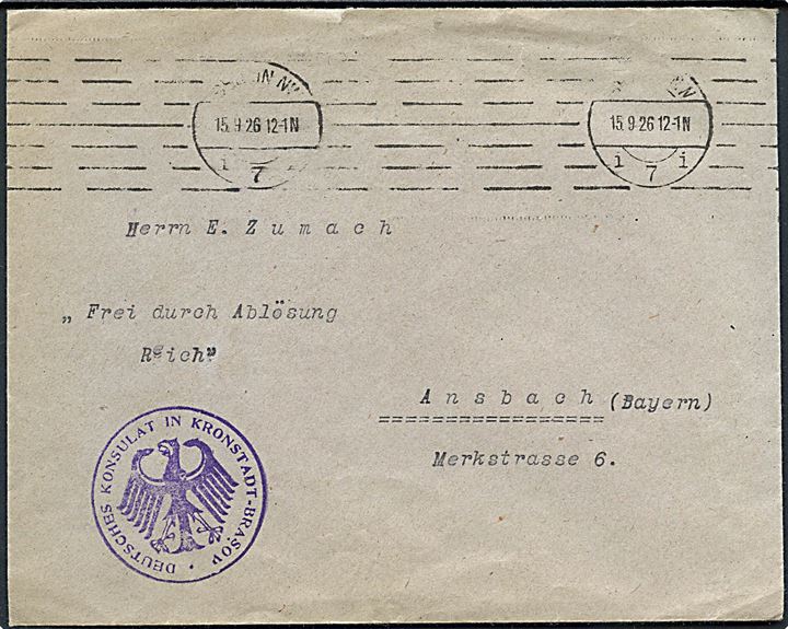 Ufrankeret diplomatisk kurerbrev stemplet Deutsches Konsulat in Kronstadt-Brasov (Rumænien) stemplet Berlin d. 15.9.1926 til Ansbach, Bayern.