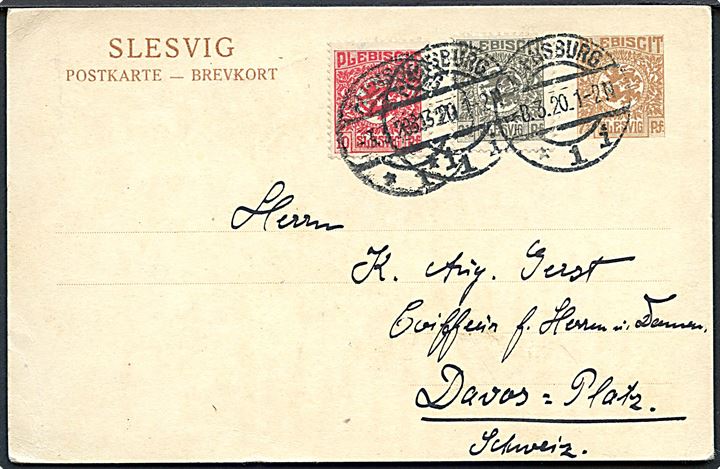 7½ pfg. Fælles udg. helsagsbrevkort opfrankeret med 2½ pfg. og 10 pfg. Fælles udg. fra Flensburg d. 8.3.1920 til Davos, Schweiz.