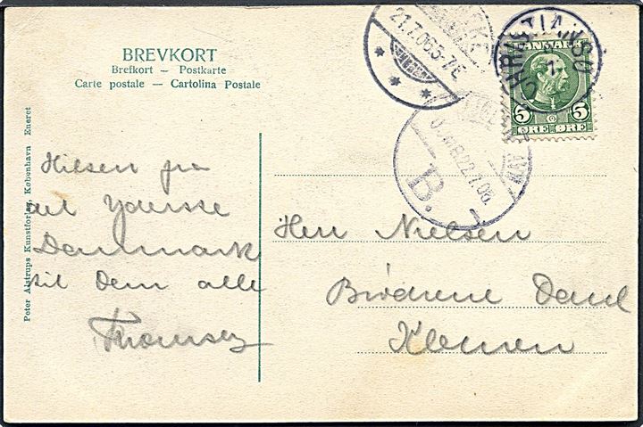 5 øre Chr. IX på brevkort (Christiansø med dampskib og fiskefartøjer) annulleret med lapidar Christiansø d. 20.7.1905 og sidestemplet Svaneke d. 21.7.1905 til København.