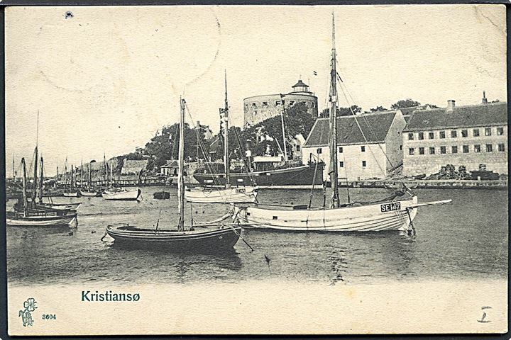 5 øre Chr. IX på brevkort (Christiansø med dampskib og fiskefartøjer) annulleret med lapidar Christiansø d. 20.7.1905 og sidestemplet Svaneke d. 21.7.1905 til København.