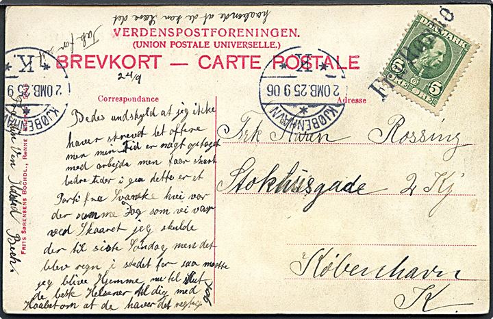 5 øre Chr. IX på brevkort (Svaneke i Storm) annulleret med skibsstempel Fra Rønne og sidestemplet Kjøbenhavn d. 25.9.1906 til København.