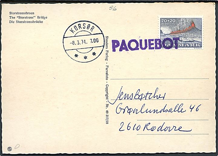70+20 øre Heimaey på brevkort annulleret med violet skibsstempel PAQUEBOT og sidestemplet Korsør d. 8.3.1974 til Rødovre.