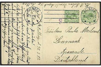 5 øre Chr. X i parstykke på brevkort fra Aalborg d. 31.7.1917 til Apenrade, Nordslesvig. Violet censurstempel 3.