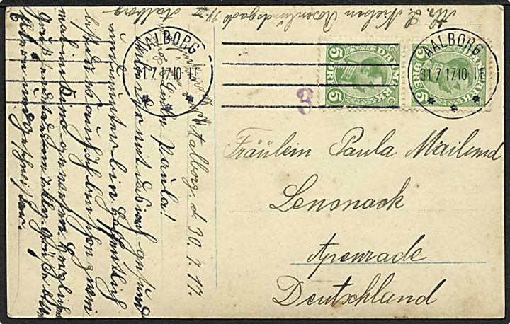 5 øre Chr. X i parstykke på brevkort fra Aalborg d. 31.7.1917 til Apenrade, Nordslesvig. Violet censurstempel 3.