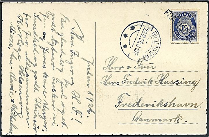 15 øre Posthorn på brevkort annulleret med skibsstempel Fra Norge og sidestemplet Frederikshavn d. 22.12.1926 til Frederikshavn.