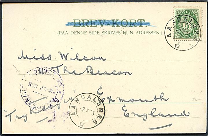5 øre Posthorn på brevkort sendt som tryksag fra Aandalsnæs d. 2.9.1905 og sidestemplet med svagt skibsstempel S.Y.Argonaut of London til Exmouth, England.