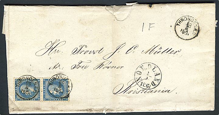 4 sk. Oscar I i lodret parstykke på brev dateret Slagstad d. 19.8.1861 annulleret lapidar Throndenæs d. 28.8.1861 med dampskibsstempel Nordland d. 2.9.1861 til Kristiania. Fuldt indhold.