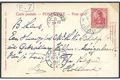 10 pfg. Germania på brevkort (S/S Kleist, Nordd. Lloyd.) annulleret med skibsstempel Deustche Seepost Ost-Asiatische Linie e d. 24.8.1907 og sidestemplet Gibraltar d. 24.8.19007 til Haag, Holland.