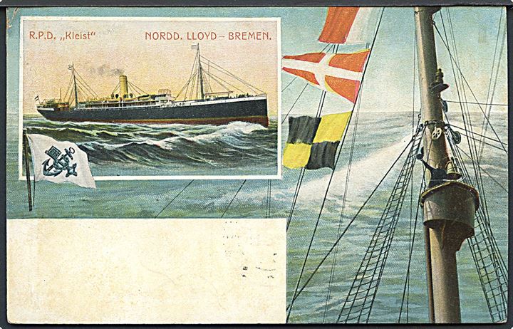 10 pfg. Germania på brevkort (S/S Kleist, Nordd. Lloyd.) annulleret med skibsstempel Deustche Seepost Ost-Asiatische Linie e d. 24.8.1907 og sidestemplet Gibraltar d. 24.8.19007 til Haag, Holland.