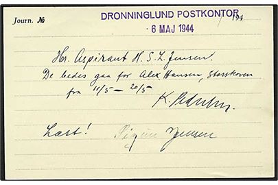 Postsagsbrevkort med meddelelse fra Dronninglund Postkontor d. 6.5.1944 vedr. bemanding af postrute.