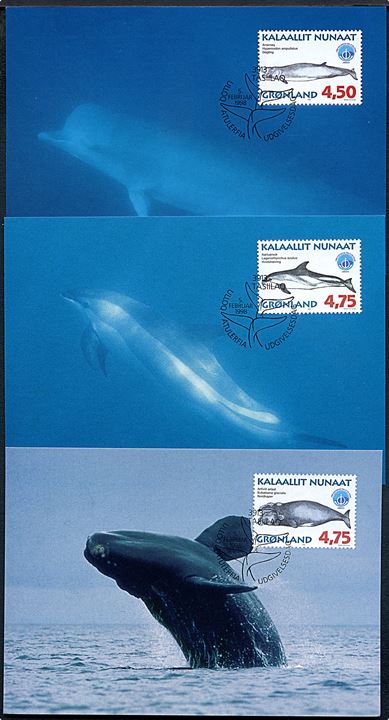 Grønland. 6 postkort med Marsvin Bet 101 / 98, Hvidnæse Bet 102 / 98, Grindehval Bet 103 / 98, Døgling Bet 104 / 98, Hvidskæving Bet 105 / 98 & Nordkaper Bet 106 / 98. 