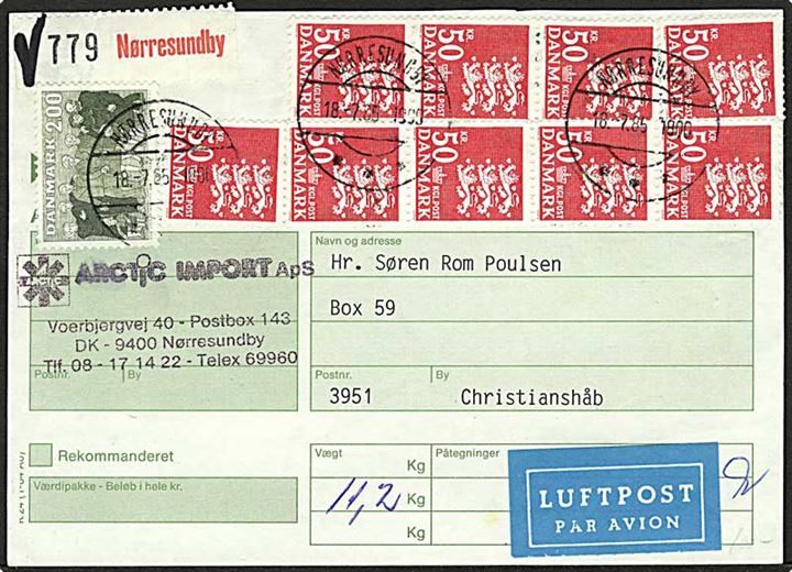 2 kr. Ældresagen og 50 kr. Rigsvåben (9) på adressekort for luftpostpakke fra Nørresundby d. 18.7.1985 til Christianshåb, Grønland.