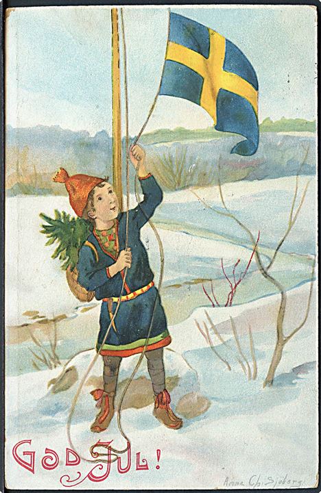 Anne Ch. Sjöborg: God Jul. Dreng hejser flaget. Axel Eliassons Konstforlag no. 639. 