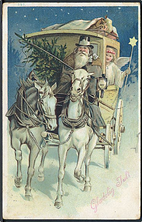 Glædelig Jul. Engel sidder i kareten. U/no. Afrevet mærke). 