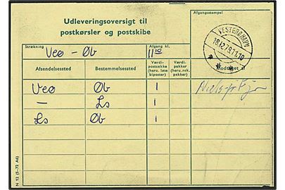 Formular Udleveringsoversigt til postkørsler og postskibe N12 (5-72 A6) for strækning Veø (Vesterø Havn) via Ls (Byrum) til Øb (Østerby) stemplet Vesterø Havn d. 18.12.1979.