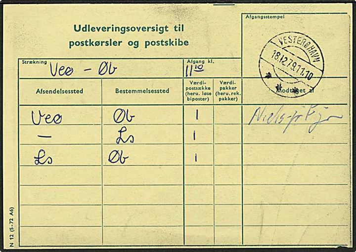 Formular Udleveringsoversigt til postkørsler og postskibe N12 (5-72 A6) for strækning Veø (Vesterø Havn) via Ls (Byrum) til Øb (Østerby) stemplet Vesterø Havn d. 18.12.1979.