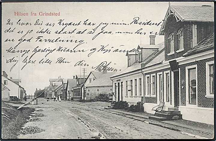 Grindsted, gadeparti. U/no. Frankeret med 5 øre Chr. IX helsagsafklip stemplet Grindsted d. x.11.1908 til Skive.
