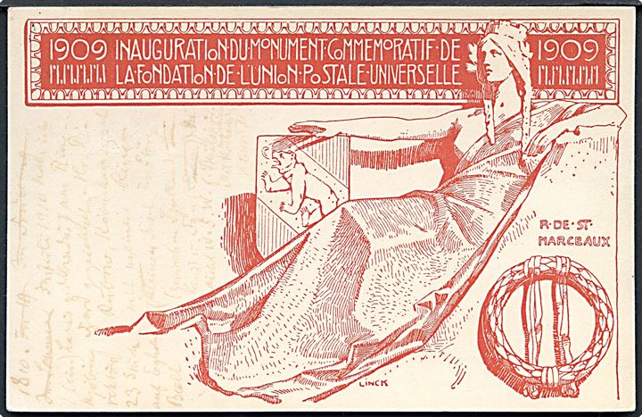 Verdenspost mindesmærket i Bern. Illustreret 10 c. helsagsbrevkort anvendt fra Geneve 1910 til Viborg, Danmark.