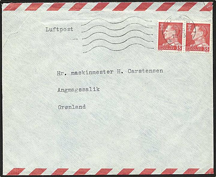 35 øre Fr. IX i parstykke på luftpostbrev fra Skelskør d. 4.9.1963 til Angmagssalik, Østgrønland.