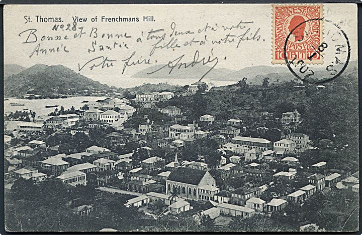 D.V.I., St. Thomas, View of Frenchmans Hill. Edw. Fraas u/no. Frankeret med 10 bit Chr. IX fra St. Thomas d. 8.1.1907 til Frankrig.