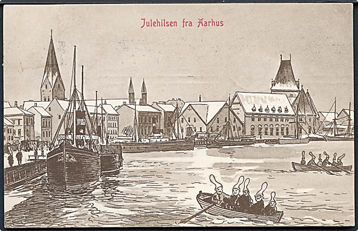 Aarhus, Nisser i gadebilledet sejler i havnen. Muligvis tegnet af Viggo Westergaard. Warburg u/no.
