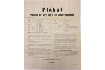 4 øre Tofarvet på Plakat angaaende Session for Aaret 1891 i 1ste Udskrivningskreds sendt som tryksag fra Kjøbenhavn d. 22.8.1890 til Hvidovre Sogneraad pr. Valby. 55x68 cm.