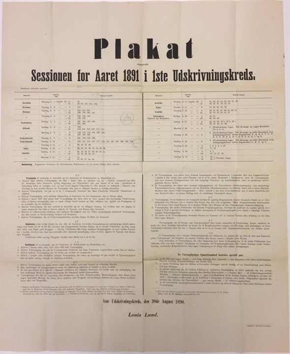 4 øre Tofarvet på Plakat angaaende Session for Aaret 1891 i 1ste Udskrivningskreds sendt som tryksag fra Kjøbenhavn d. 22.8.1890 til Hvidovre Sogneraad pr. Valby. 55x68 cm.