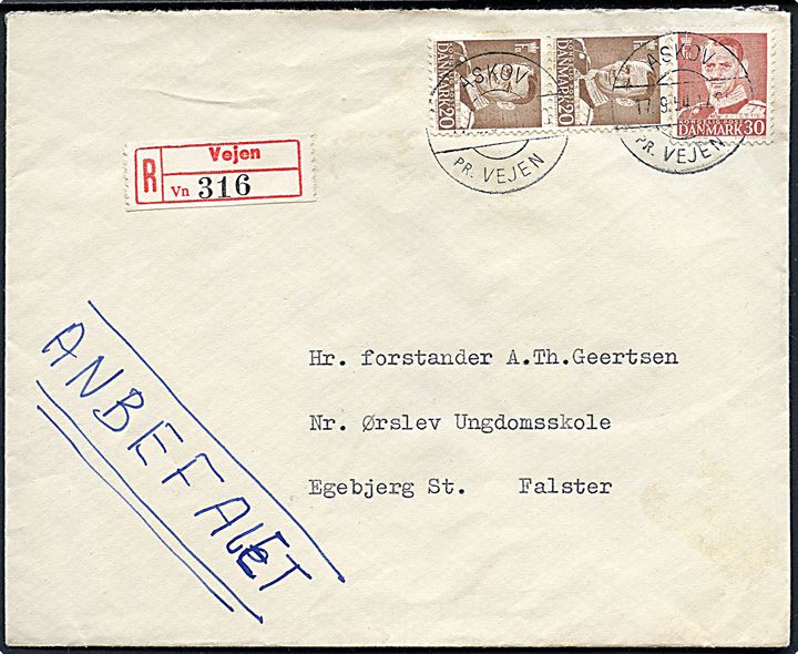 20 øre (par) og 30 øre Fr. IX på anbefalet brev annulleret med pr.-stempel Askov pr. Vejen d. 17.9.1954 til Egebjerg St.